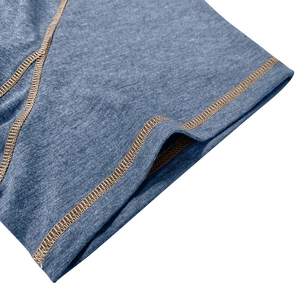 Detail of color-block Henley shirt with brown contrast flatlock stitching and knit fabric