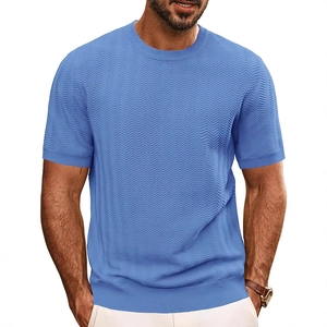 Men's retro bright blue knit T-shirt with vintage zigzag texture and crew neck