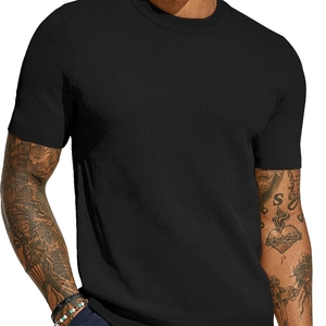 Slim fit men's black knit T-shirt with breathable waffle texture and classic crew neck