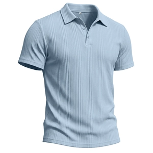 Classic light blue short-sleeve polo shirt for men with vertical ribbed texture and 3-button collar