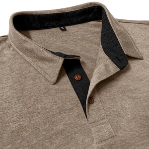 Close-up of brown knit polo shirt featuring black contrast collar and amber buttons