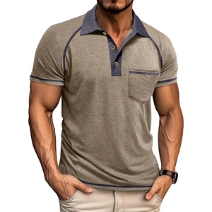 Detail view of khaki slim fit polo shirt featuring dark navy contrast collar and pocket