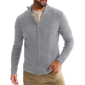 Men's slim fit light grey waffle knit cardigan sweater with mock neck and zipper