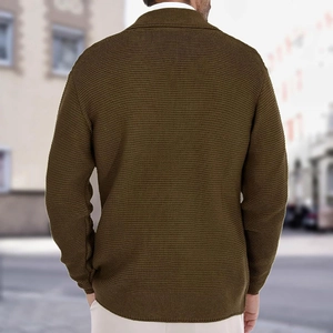 Detailed back view of a men's heavy knit cardigan in olive green with waffle texture
