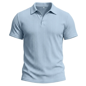 Short sleeve light blue polo shirt for men with vertical striped knit texture and classic collar