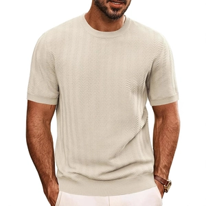 Men's retro knit T-shirt featuring beige herringbone texture and classic crew neck