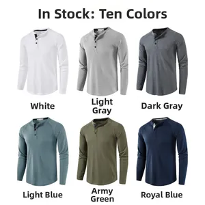 Detailed waffle texture and 3-button collar of men's long sleeve Henley shirt in 6 colors