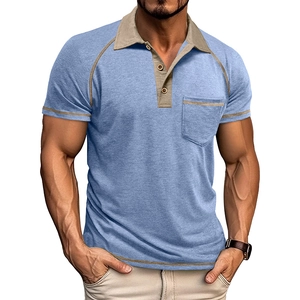 Men's blue and beige short sleeve Polo shirt with raglan sleeves and chest pocket