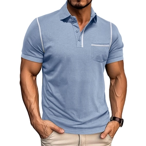 Polo Homme Décontracté à Manches Courtes en Mélange de Coton Respirant Avec Surpiqûres Contrastées Et Poche Poitrine Business
