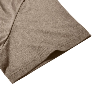 Close-up of the double-stitched sleeve hem on a brown knitted men's polo shirt