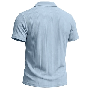 Men's light blue short sleeve polo shirt with vertical texture knit from a back view