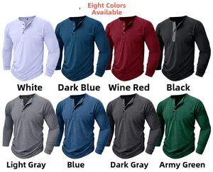 Matrix display of long sleeve Henley shirts for men in eight classic solid colors