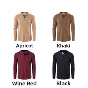 Men's waffle knit Henley shirts displayed in apricot, khaki, wine red, and black colors