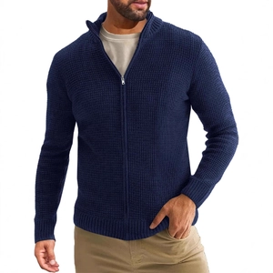 Navy blue men's waffle knit cardigan sweater with full zipper and stand collar