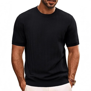 Men's retro knit t-shirt in black featuring a unique wave textured weave and crew neck