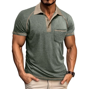 Detailed close-up of a men's slim fit polo shirt with wood-texture buttons and pocket