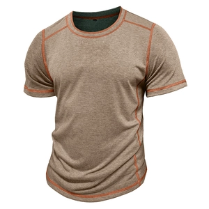 Detail of grey Henley shirt showing orange contrast stitching and fabric texture
