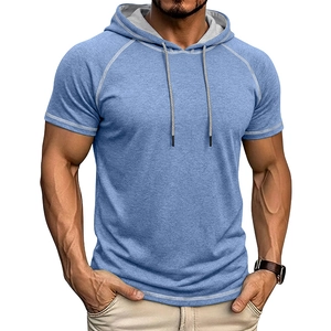 Detail of light blue short sleeve hoodie with contrast white stitching and drawstring