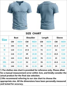 Tabella taglie dettagliata per t-shirt da uomo con scollo a V, misure dalla S alla 3XL
