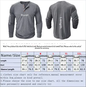 Size guide for men long sleeve Henley shirt with chest and length dimensions in CM and IN