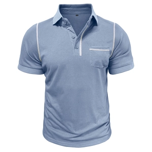 Polo bleu à manches courtes pour hommes avec col à trois boutons et surpiqûres blanches