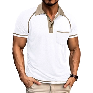 Detailed view of men's polo shirt with contrast khaki collar and chest pocket texture