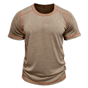 Detail of contrast orange stitching on coffee brown short sleeve Henley shirt