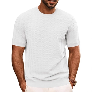 Men's retro knit T-shirt in white with vintage herringbone texture and ribbed trim