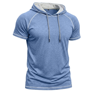 Detail of blue marl hooded t-shirt with contrast stitching and metal drawstring tips
