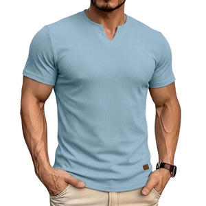 Maglietta Slim Fit da Uomo con Scollo a V con Intaglio Tessuto a Costine Manica Corta Top Casual Sport Corsa con Toppa in Pelle