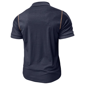 Navy blue men's short sleeve polo shirt with brown contrast stitching on shoulders