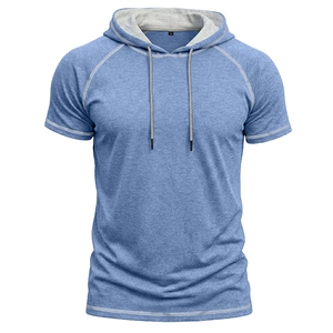Detail of blue heather short sleeve hoodie showing raglan sleeves and white stitching