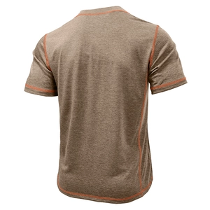 Rear view of heathered brown Henley t-shirt showing orange contrast stitching details