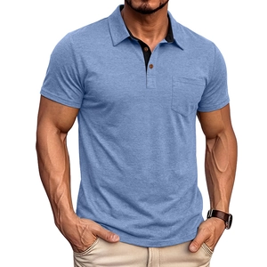 Detail of light blue polo shirt featuring a black inner placket and chest pocket detail