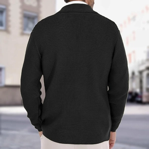 Close-up of black knitted cardigan for men featuring premium horizontal weave and lapel collar
