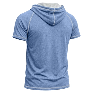 Rear view of blue marl short sleeve hoodie with contrast white stitching and raglan sleeves