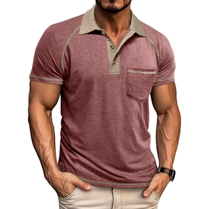 Detail view of the rust-red heathered fabric and contrast khaki collar on a men's polo shirt