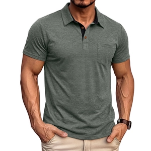 Men Slim Fit Short Sleeve Polo Shirt With Chest Pocket Contrast Collar Heathered Fabric Casual Business Summer Tops