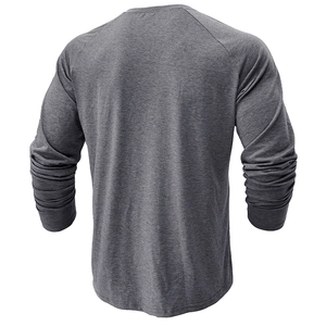 Back view of men's heather grey raglan sleeve t-shirt showing detailed fabric texture