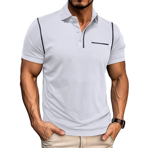 Detail of light grey short sleeve Polo shirt with black contrast stitching on shoulders