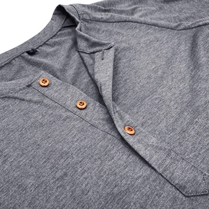 Detail of grey heather Henley shirt showing round neckline and brown wood-style buttons