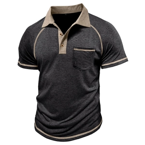 Detail of dark gray men's polo shirt with khaki contrast collar and wooden buttons