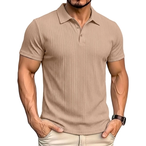 Detail view of the khaki ribbed knit texture and buttoned polo collar on a men's shirt