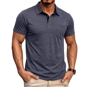Detail of grey-blue polo shirt showing clear fabric texture, classic collar, and chest pocket