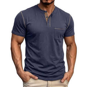 Maglietta Henley da Uomo a Manica Corta in Misto Cotone Traspirante Casual con Cuciture a Contrasto Taschino Slim Fit Top Vintage