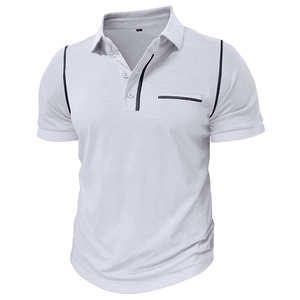 Detail of white knit polo shirt with black contrast trim on shoulder and pocket