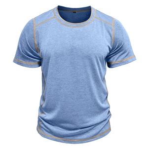Light blue short sleeve Henley T-shirt for men with stylish yellow contrast stitching