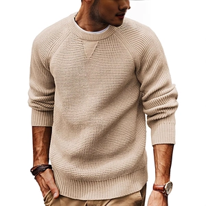 Men's beige crew neck knit sweater with raglan sleeves and textured ribbing details