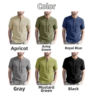 Dettaglio di camicie Henley in cotone e lino in sei colori con tasca sul petto
