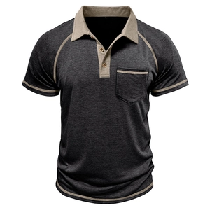 Detail of charcoal grey men's Polo shirt with khaki raglan sleeves and wood buttons